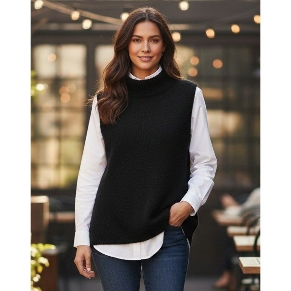 Kindred‎ Spirit Silk Linen Sweater Women's XL Black Mock Neck Knit Sleeveless